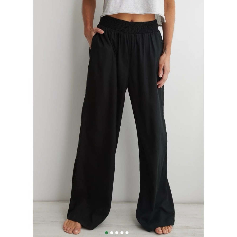 Aerie Wide Leg High Waist Linen Blend Smocked Elastic Waist Pants Women XS Short